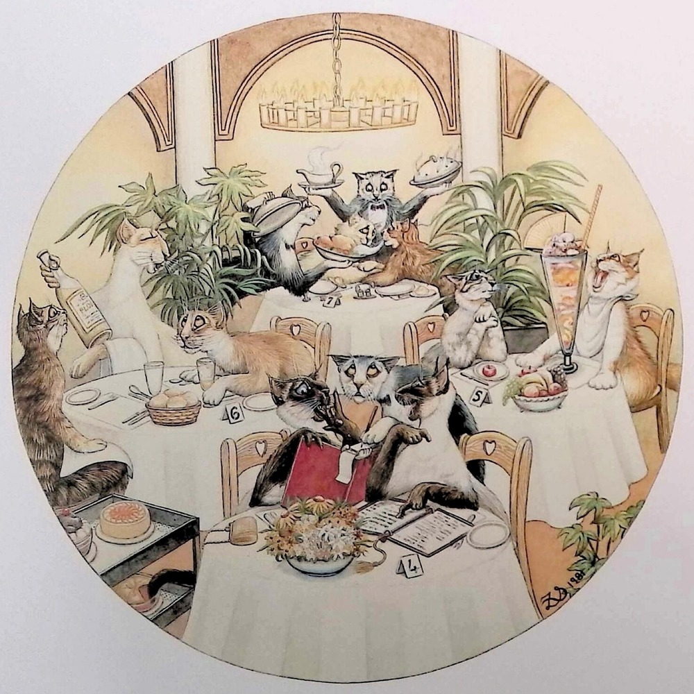 Zoe Stokes Cats Restaurant Dining Funny Feline Vtg Book Print Round Wall Art '82